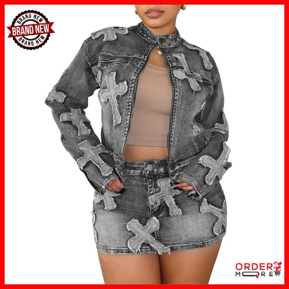 Denim Skirt Set Long Sleeve Zipper Jacket Mini Skirt Bodycon